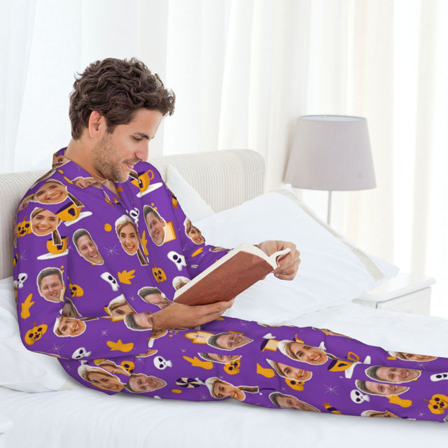 Picture of Personalized Pajamas - Halloween Themed Custom Pajamas - Personalized Face Long Sleeve Pajama Set - Purple Halloween Style