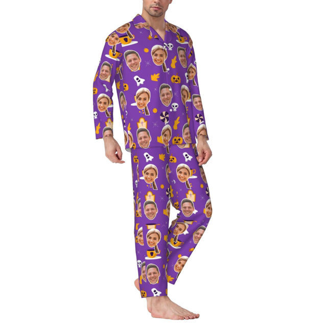 Picture of Personalized Pajamas - Halloween Themed Custom Pajamas - Personalized Face Long Sleeve Pajama Set - Purple Halloween Style