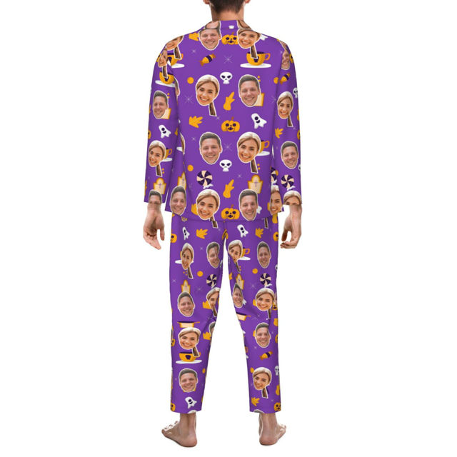 Picture of Personalized Pajamas - Halloween Themed Custom Pajamas - Personalized Face Long Sleeve Pajama Set - Purple Halloween Style
