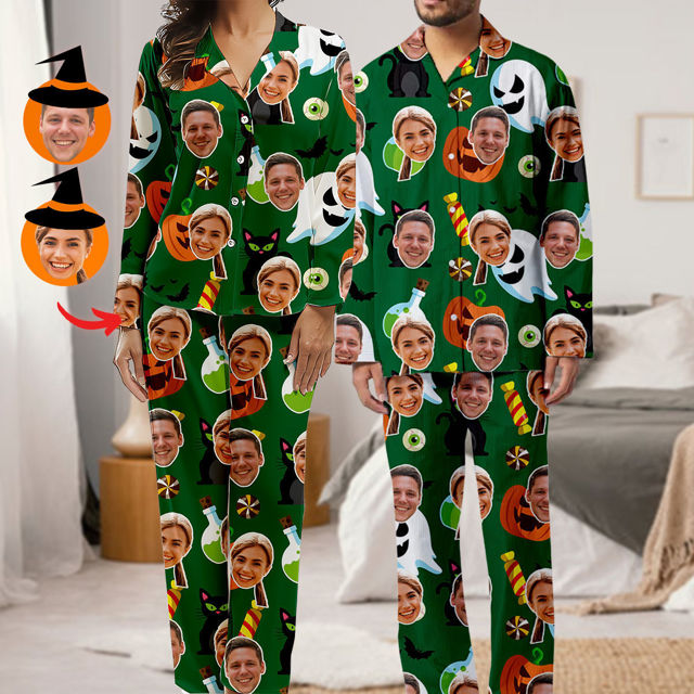 Picture of Personalized Pajamas - Halloween Theme Custom Pajamas - Personalized Face Long Sleeve Pajama Set - Green Pumpkin Ghost Theme