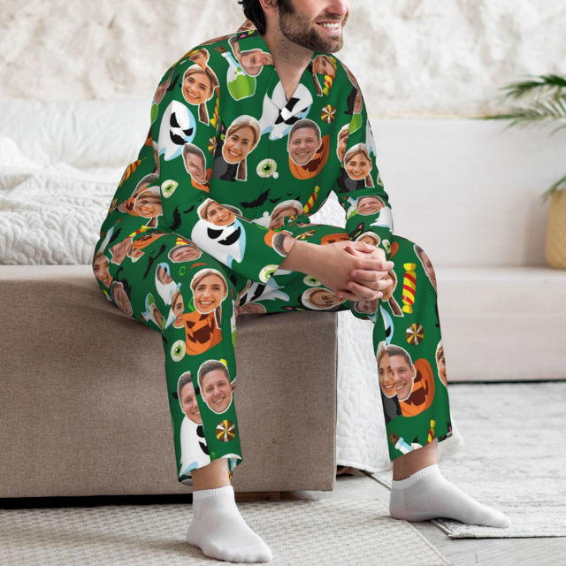 Picture of Personalized Pajamas - Halloween Theme Custom Pajamas - Personalized Face Long Sleeve Pajama Set - Green Pumpkin Ghost Theme