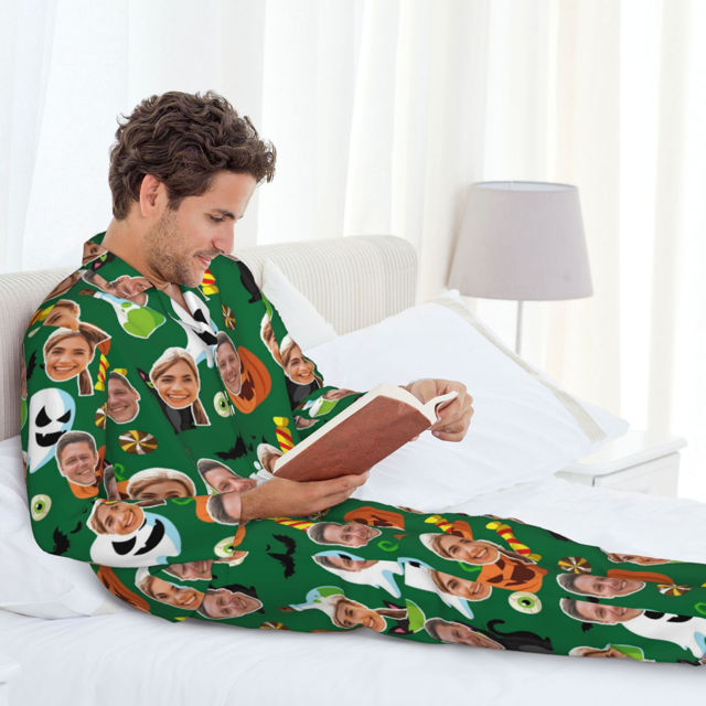Picture of Personalized Pajamas - Halloween Theme Custom Pajamas - Personalized Face Long Sleeve Pajama Set - Green Pumpkin Ghost Theme