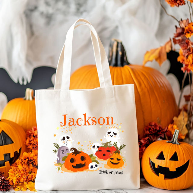 Picture of Custom Halloween Trick or Treat Canvas Bag | Personalized Canvas Bag with Name for Halloween Night