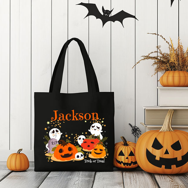 Picture of Custom Halloween Trick or Treat Canvas Bag | Personalized Canvas Bag with Name for Halloween Night