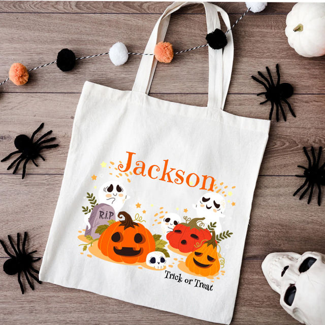 Picture of Custom Halloween Trick or Treat Canvas Bag | Personalized Canvas Bag with Name for Halloween Night