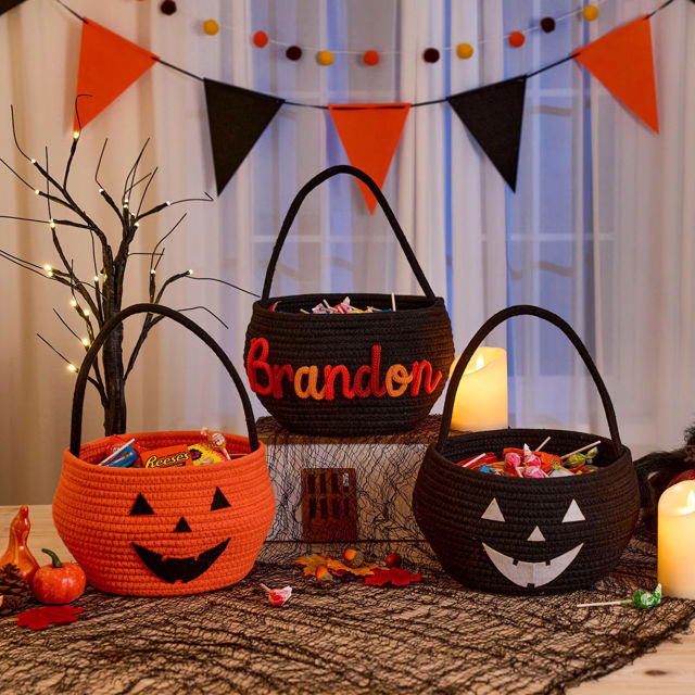 Picture of Personalised Halloween Trick or Treat Basket for Kids - Custom Embroidered Halloween Candy Basket