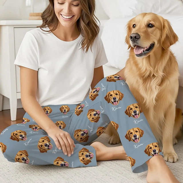 Picture of Custom Pajama Pants with Pets Face and Name - Personalized Pajama bottoms with Faces