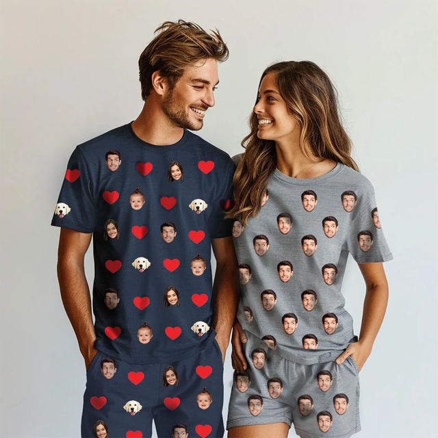 Picture of Custom Cozy Short Sleeves Face Pajamas Full Set - Personalised Unisex Summer Pajama Gift Set