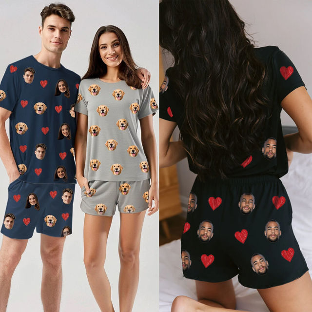 Picture of Custom Cozy Short Sleeves Face Pajamas Full Set - Personalised Unisex Summer Pajama Gift Set