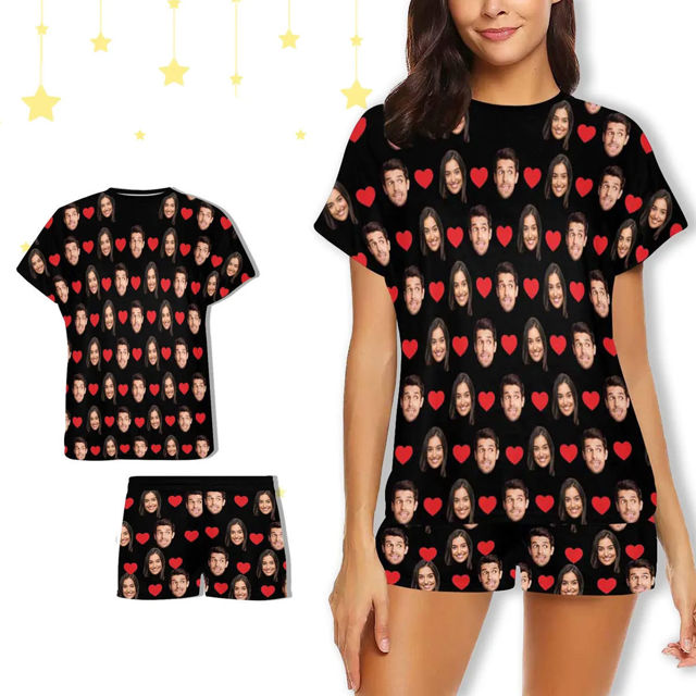 Picture of Custom Cozy Short Sleeves Face Pajamas Full Set - Personalised Unisex Summer Pajama Gift Set