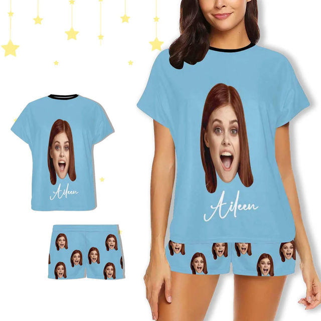 Picture of Custom Cozy Short Sleeves Face Pajamas Full Set - Personalised Unisex Summer Pajama Gift Set