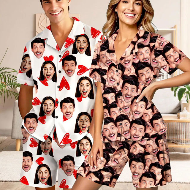 Picture of Custom Short Sleeves Face Pajamas Full Set - Personalized Unisex Summer Pajama Gift Set