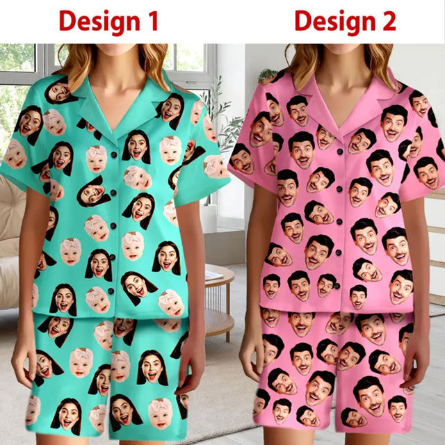 Picture of Custom Short Sleeves Face Pajamas Full Set - Personalized Unisex Summer Pajama Gift Set