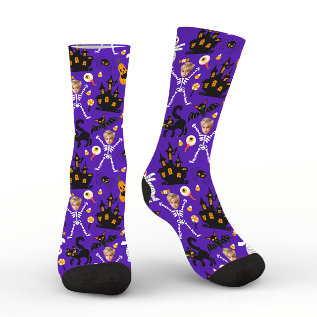 Picture of Custom Halloween Face Socks – Purple Spooky Skeleton Pumpkin Black Cat Personalized Socks for Men Women Kids