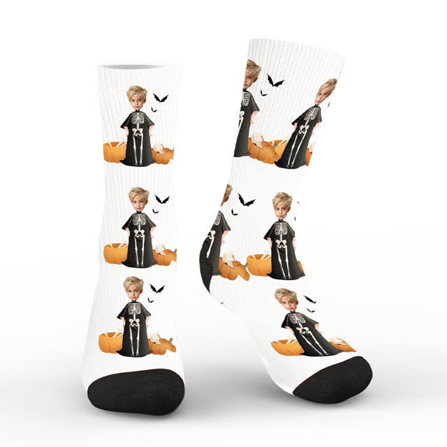 Picture of Personalized Socks - Custom Halloween Socks - Skull Bone Pumpkin Boy