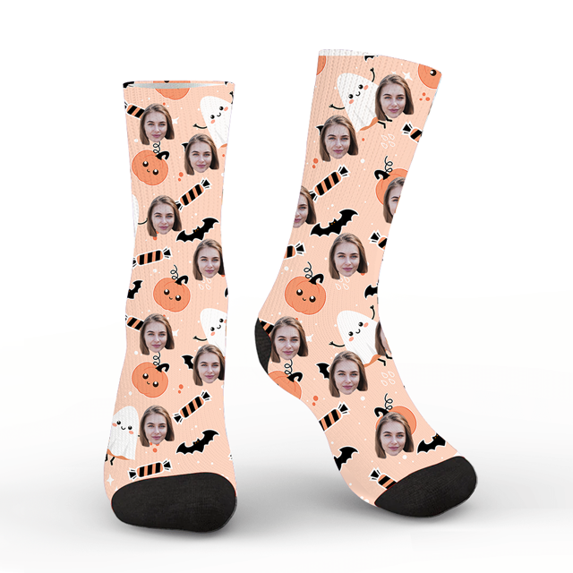 Picture of Custom Halloween Face Socks - Kawaii Cute Ghost and Pumpkin - Personalized Socks for Men Women Kids