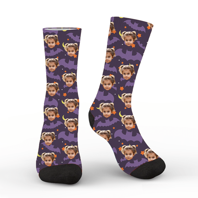 Picture of Custom Halloween Face Socks - Bats and Stars Personalized Funny Socks - Personalized Socks for Men Women Kids