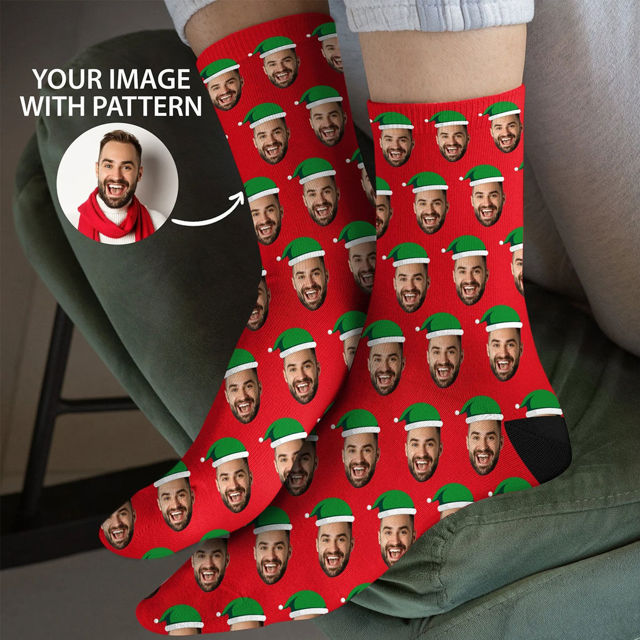 Picture of Custom Christmas Photo Socks with Green / Red Santa Hat - Personalized Christmas Gift
