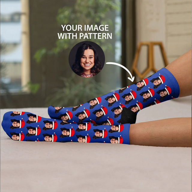 Picture of Custom Christmas Photo Socks with Green / Red Santa Hat - Personalized Christmas Gift