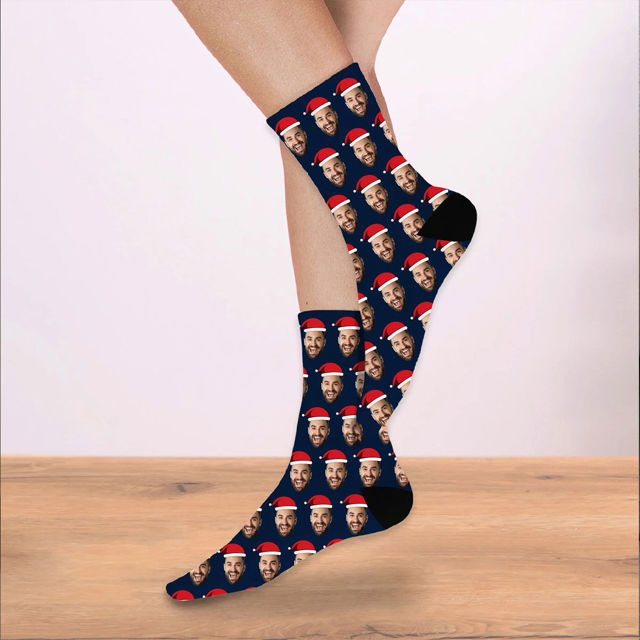 Picture of Custom Christmas Photo Socks with Green / Red Santa Hat - Personalized Christmas Gift