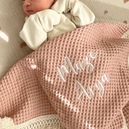 Picture of Personalized Embroidered Baby Blanket - Custom Embroidered Baby Blanket - Custom Waffle Tassel Blanket