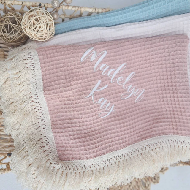 Picture of Personalized Embroidered Baby Blanket - Custom Embroidered Baby Blanket - Custom Waffle Tassel Blanket