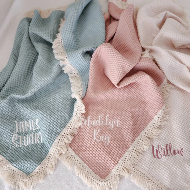 Picture of Personalized Embroidered Baby Blanket - Custom Embroidered Baby Blanket - Custom Waffle Tassel Blanket