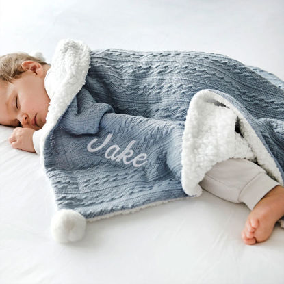 Picture of Personalised Embroidered Blanket - Custom Name Jacquard Knit Pom Pom Blanket - Pom Pom and Sherpa Fleece Backing