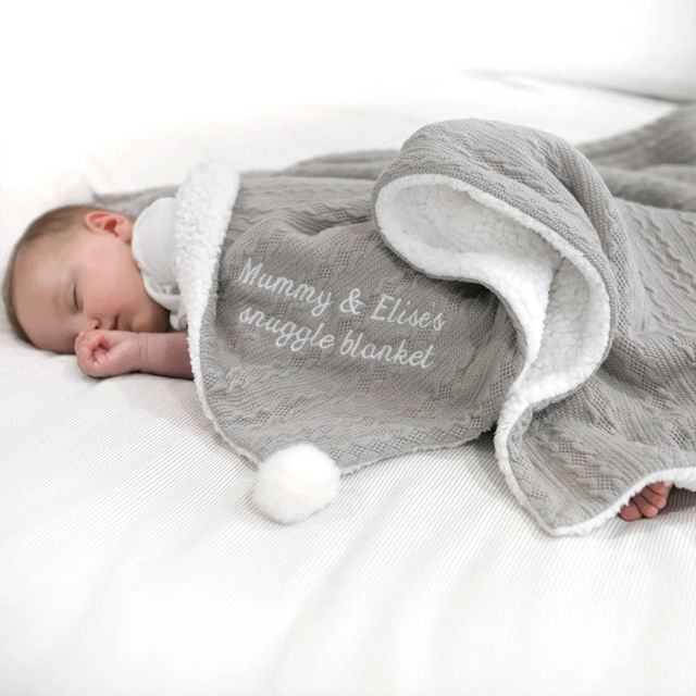 Picture of Personalised Embroidered Blanket - Custom Name Jacquard Knit Pom Pom Blanket - Pom Pom and Sherpa Fleece Backing
