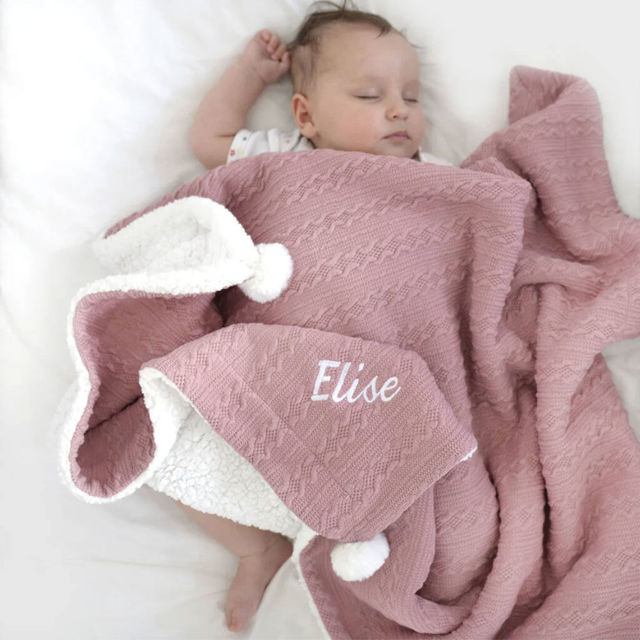 Picture of Personalised Embroidered Blanket - Custom Name Jacquard Knit Pom Pom Blanket - Pom Pom and Sherpa Fleece Backing