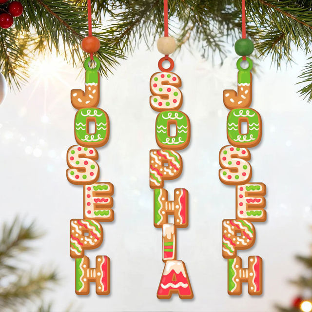 Immagine di Ornamento natalizio personalizzato con lettera del nome - Etichetta per calza della Befana per bambini - Carattere di dessert colorato - Ornamento per bambini - Etichette natalizie - Set da 3 pezzi