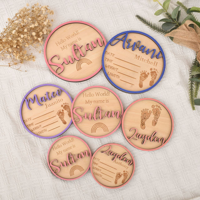 Picture of Personalised Wooden Birth Announcement Disc - Newborn Name Sign - 3D Wooden Baby Sign - Baby Shower Gift