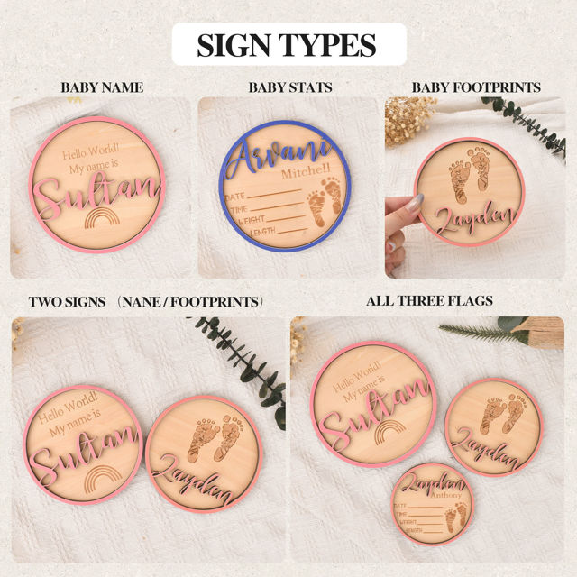 Picture of Personalised Wooden Birth Announcement Disc - Newborn Name Sign - 3D Wooden Baby Sign - Baby Shower Gift
