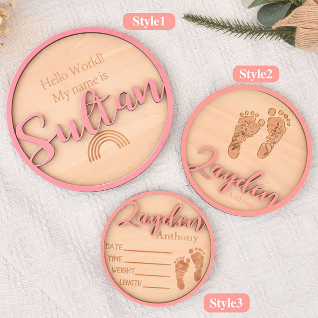 Picture of Personalised Wooden Birth Announcement Disc - Newborn Name Sign - 3D Wooden Baby Sign - Baby Shower Gift