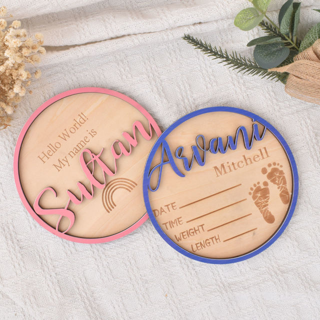 Picture of Personalised Wooden Birth Announcement Disc - Newborn Name Sign - 3D Wooden Baby Sign - Baby Shower Gift