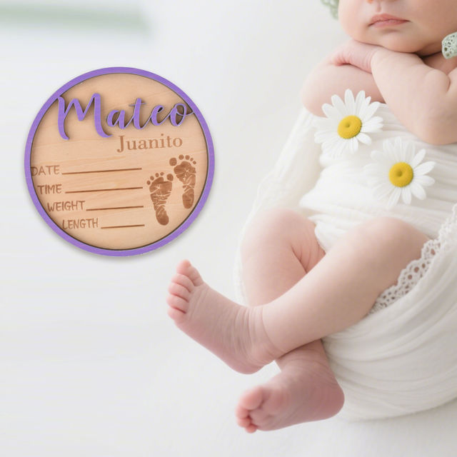 Picture of Personalised Wooden Birth Announcement Disc - Newborn Name Sign - 3D Wooden Baby Sign - Baby Shower Gift