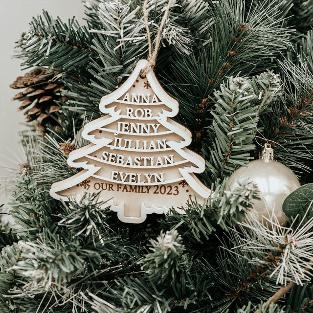 Picture of Personalized Tree Shaped Christmas Ornament - Family Christmas Ornament with Names - Set of 3 Identical Signs - Wood Christmas Tree Ornament