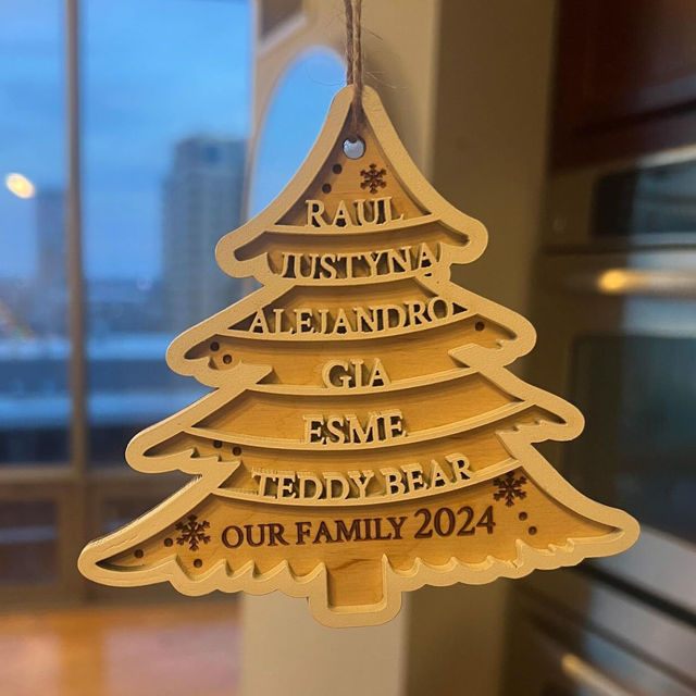 Picture of Personalized Tree Shaped Christmas Ornament - Family Christmas Ornament with Names - Set of 3 Identical Signs - Wood Christmas Tree Ornament