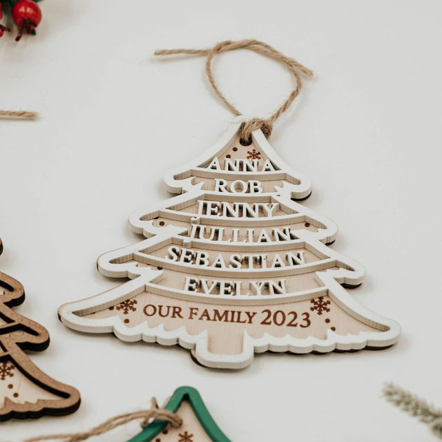 Picture of Personalized Tree Shaped Christmas Ornament - Family Christmas Ornament with Names - Set of 3 Identical Signs - Wood Christmas Tree Ornament
