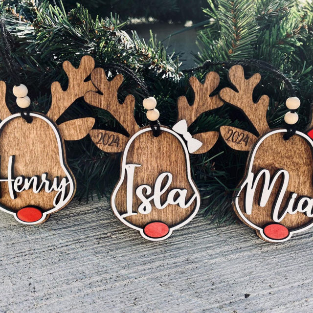 Picture of Custom Wooden Christmas Ornament Set - Elk Shaped Family Christmas Ornament with Names Set