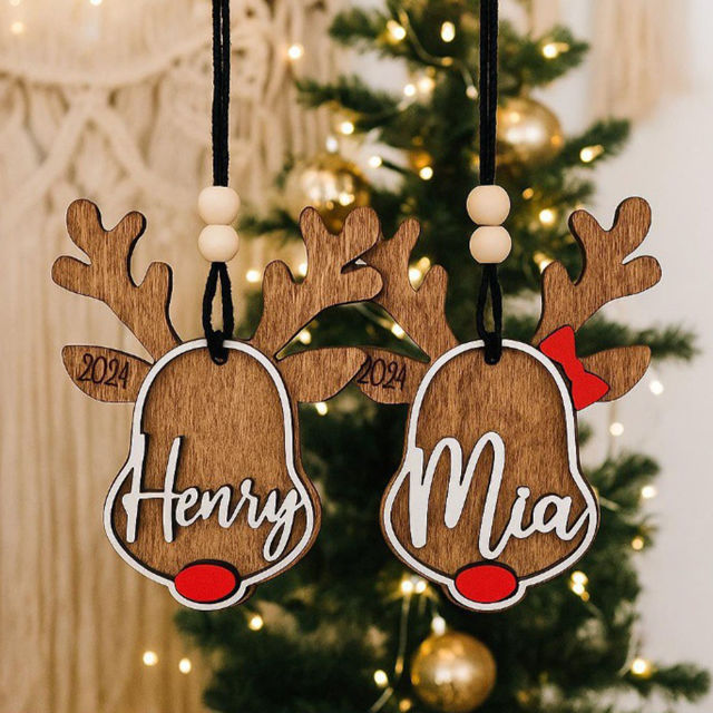 Picture of Custom Wooden Christmas Ornament Set - Elk Shaped Family Christmas Ornament with Names Set