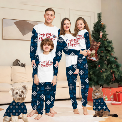Picture of Family Christmas Pajama Set - Crew Neck Pajamas - Navy Blue Snowflake Merry Christmas Parent-Child Pajamas