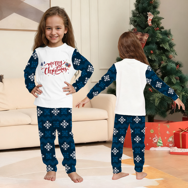 Picture of Family Christmas Pajama Set - Crew Neck Pajamas - Navy Blue Snowflake Merry Christmas Parent-Child Pajamas