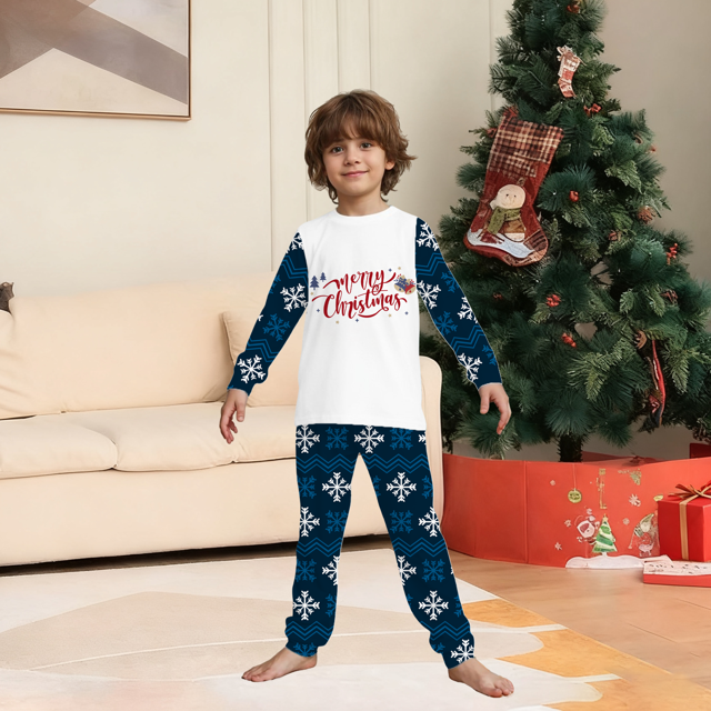 Picture of Family Christmas Pajama Set - Crew Neck Pajamas - Navy Blue Snowflake Merry Christmas Parent-Child Pajamas