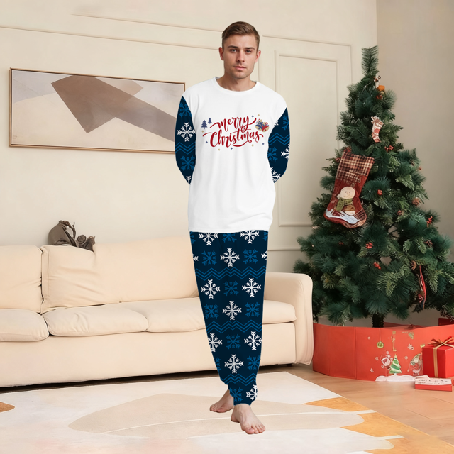Picture of Family Christmas Pajama Set - Crew Neck Pajamas - Navy Blue Snowflake Merry Christmas Parent-Child Pajamas