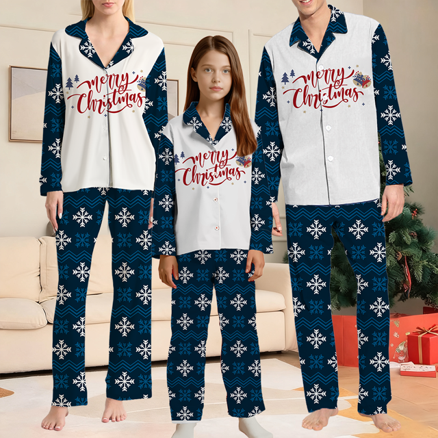 Picture of Family Christmas Pajamas Set - Navy Blue Snowflake Matching Family Pajamas