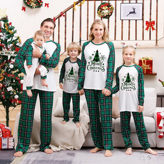 Picture of Family Christmas Pajama Sets - Green Plaid Long Sleeves Pajamas - Best Family Gift for Christmas