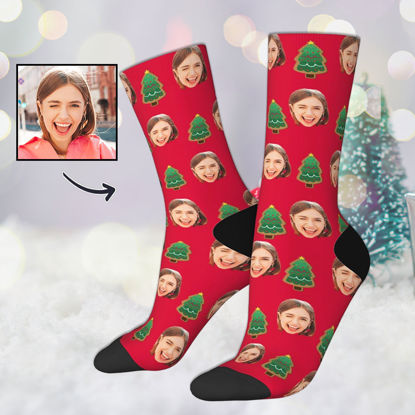 Picture of Custom Photo Face Christmas Socks - Red Socks with Christmas Tree - Personalized Gift for Family and Friends