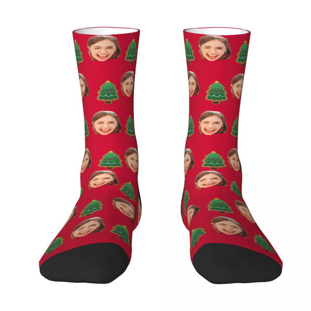 Picture of Custom Photo Face Christmas Socks - Red Socks with Christmas Tree - Personalized Gift for Family and Friends