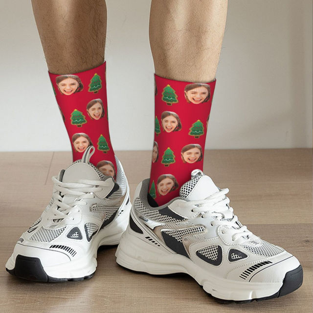 Picture of Custom Photo Face Christmas Socks - Red Socks with Christmas Tree - Personalized Gift for Family and Friends